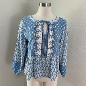 Lucky Brand Womens Medium Blue‎ Floral Peasant Blouse Tie Neck Long Sleeves Top